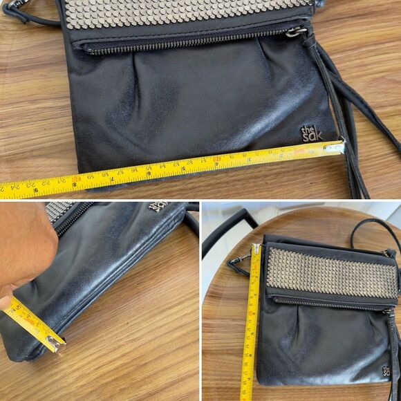 THE SAK Flap Small Messenger Black Leather Crossbody Handbag Boho Studded Biker - Picture 6 of 17